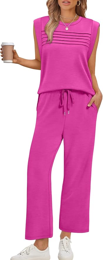 WIHOLL 2 Piece Sets for Women Summer Lounge Sets Travel Vacation Outfits Cap Sleeve Sweatsuit Side Slit Wide Leg Pants S-3XL