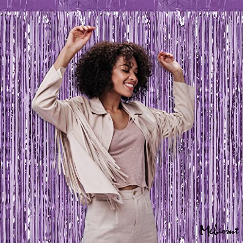 4 Pack Light Purple Fringe Curtain Backdrop, 3.2Ft x 6.6Ft Metallic Tinsel Foil Fringe Streamers Curtains Background for P...