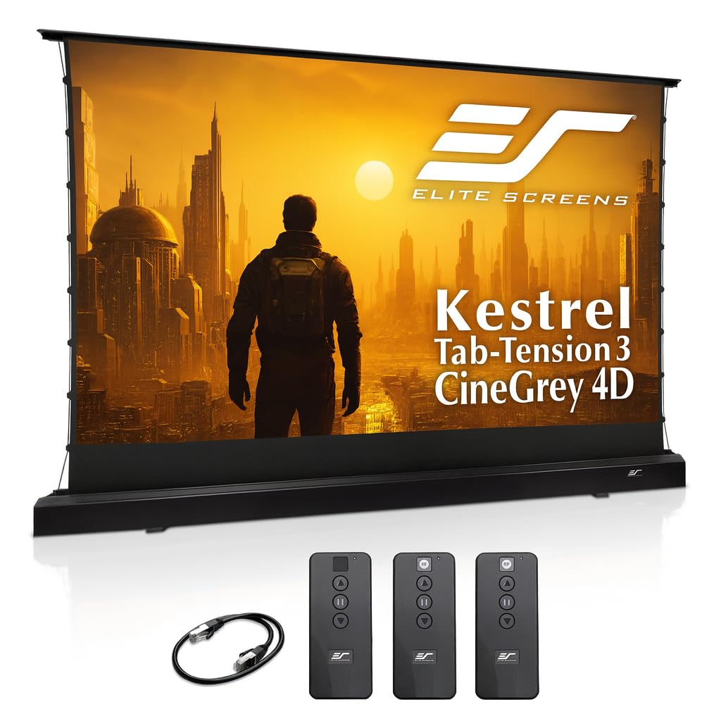 Elite Screens Kestrel Tab-Tension Pro CineGrey 4D, 135" Diag., 16:9 Aspect Ratio, ISF Certified 4K/8K Ultra HD Electric Floor-Rising Motorized Tab-Tensioned Front Projector Screen, FTE135H3-C4D