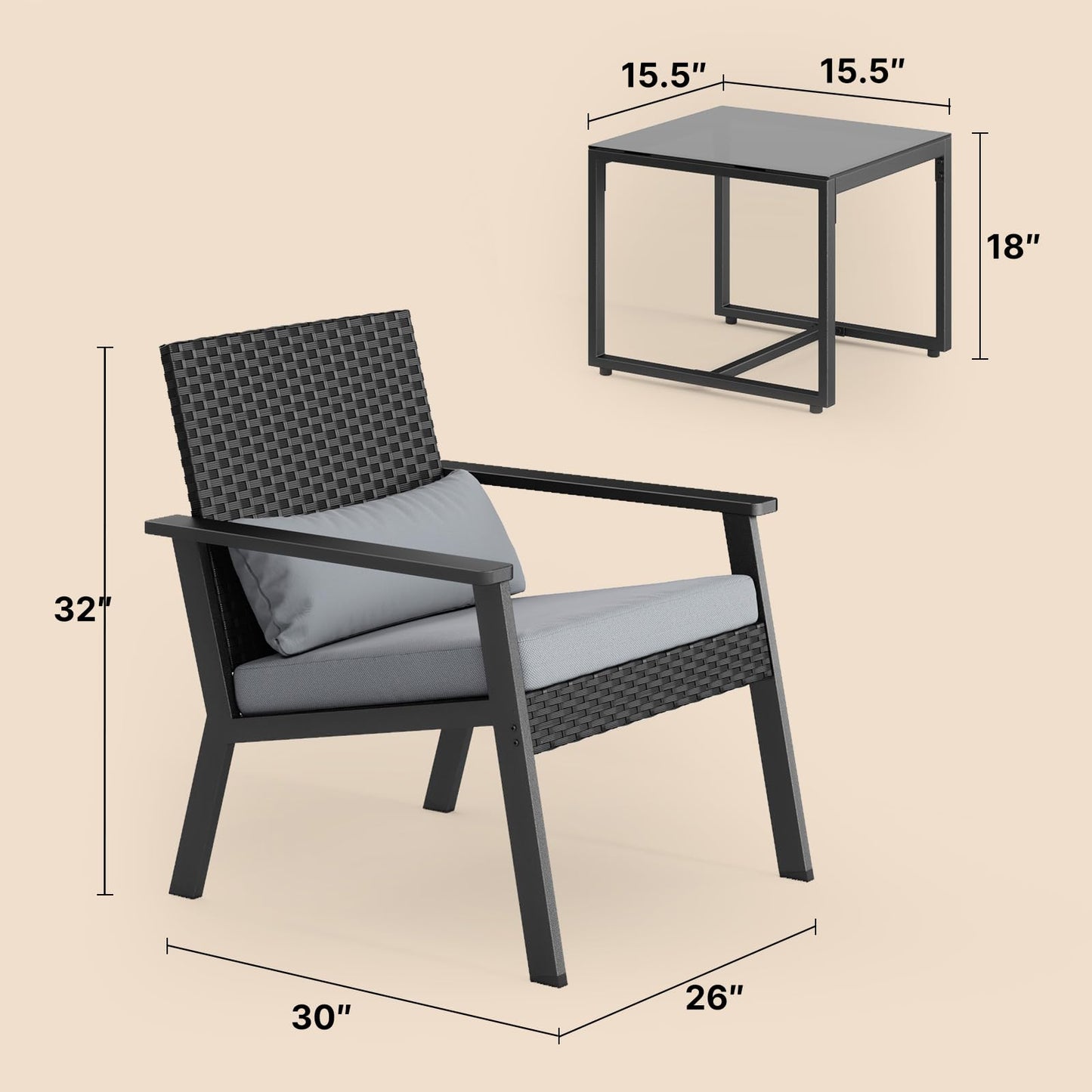 Ahomly 3-Piece Wicker Small Outdoor Patio Furniture Set with Glass Table for Balcony, Porch, and Garden (Gray)