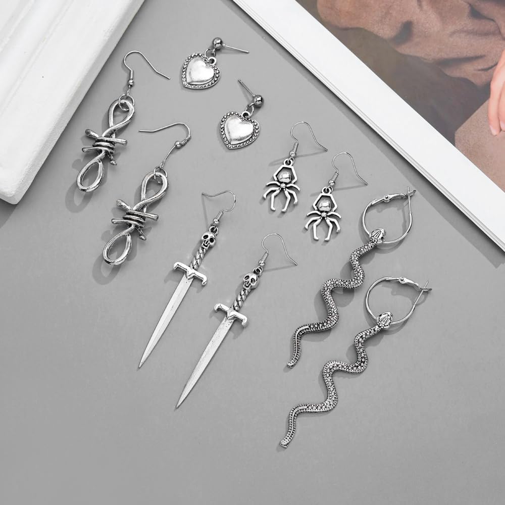 Gothic Earrings Set, Metal Punk Goth Vintage Silver Snake Spider Butterfly Dagger Dangle Drop Earrings for Women, Grunge Y2K Emo Jewelry Pack Party Costume Accessories (Style1)