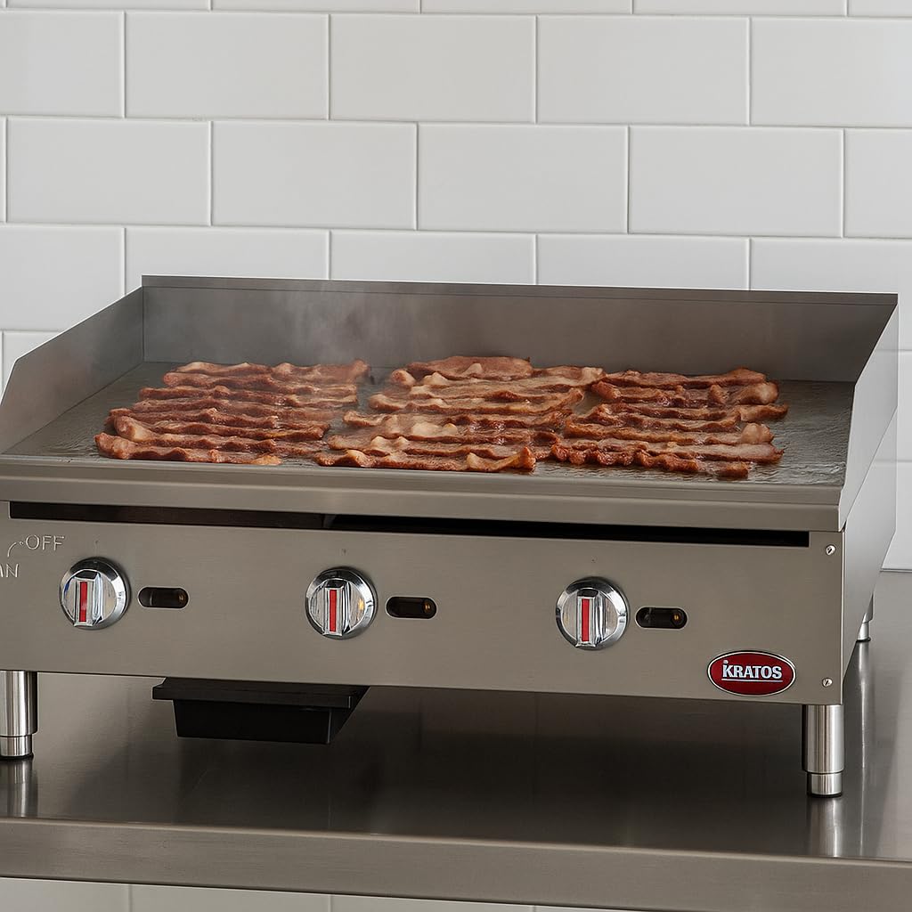 Kratos 36" Wide Commercial Countertop Griddle, Gas Hot Plate for Restaurants, Manual Controls, 3 Independent Burners, Powerful 90,000 BTU Output (29Y-005)