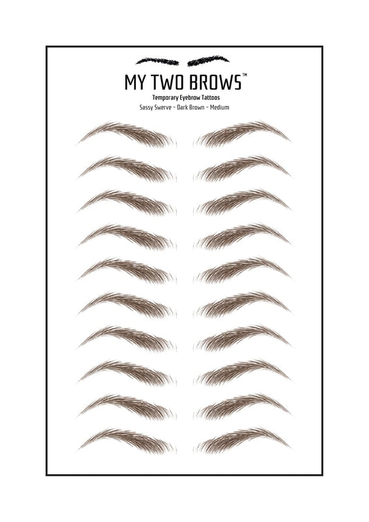 (10 pairs) Dark Brown Temporary Eyebrow Tattoos Waterproof - Medium Size - Sassy Swerve Style Eyebrow Stickers - Sheet Lasts up to 30 Days - Won't Work on Existing Brows