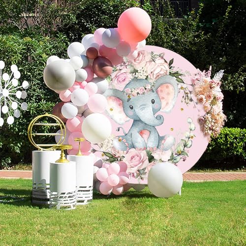 TTQYFNM 7x7ft Elephant Baby Shower Round Backdrop Watercolor Pink Floral Cute Elephant Circle Background for Photography G...