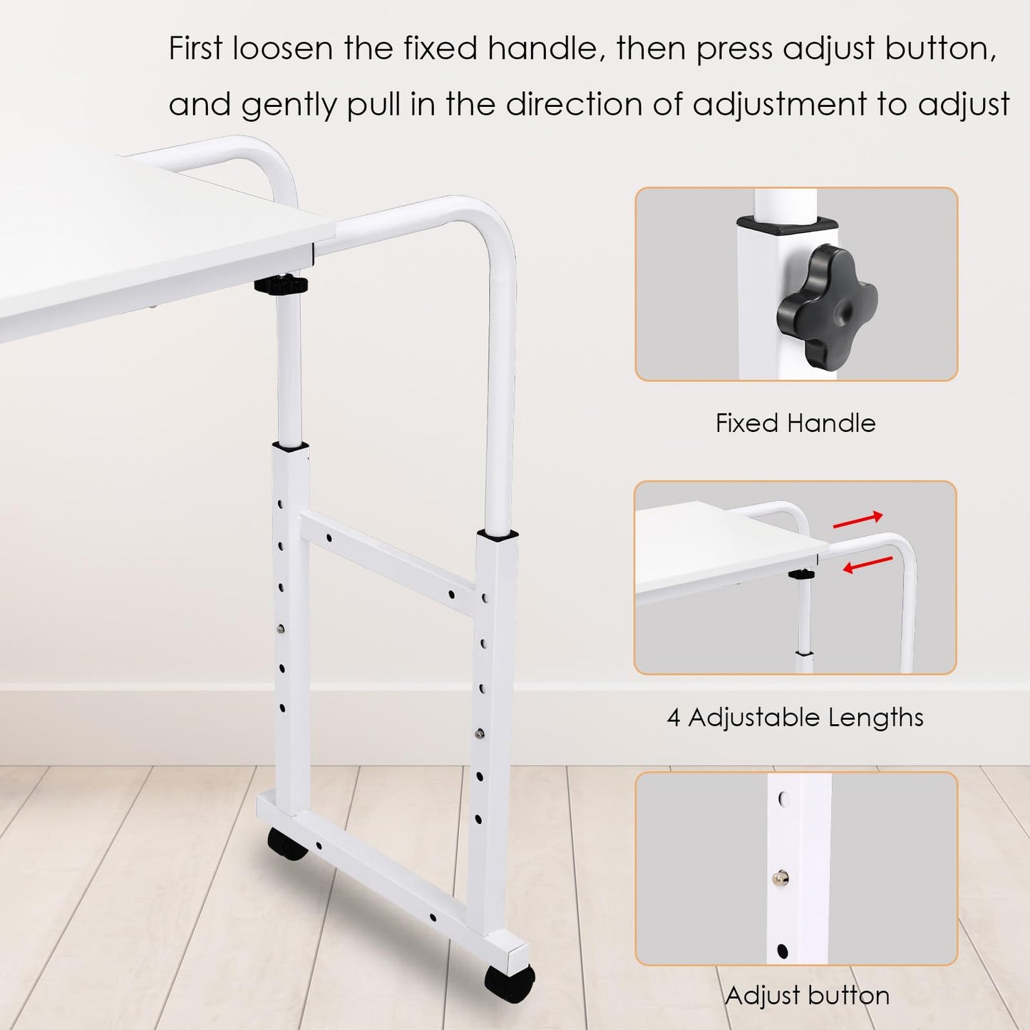 Arlopu Overbed Table with Wheels,60.6-84.2 inches Mobile Bed Desk,Rolling Computer Desk, Laptop Cart,W/0-65°Tilt Stand,4 Heights and 6 Lengths,Side Storage Basket,for Home,Office and Hospital (White)