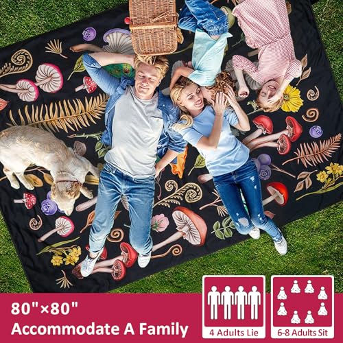 Mushroom Picnic Blankets Waterproof Foldable Picnic Outdoor Blanket 80"x 80" Picnic Mat 3-Layer Thicking Outdoor Foldable ...