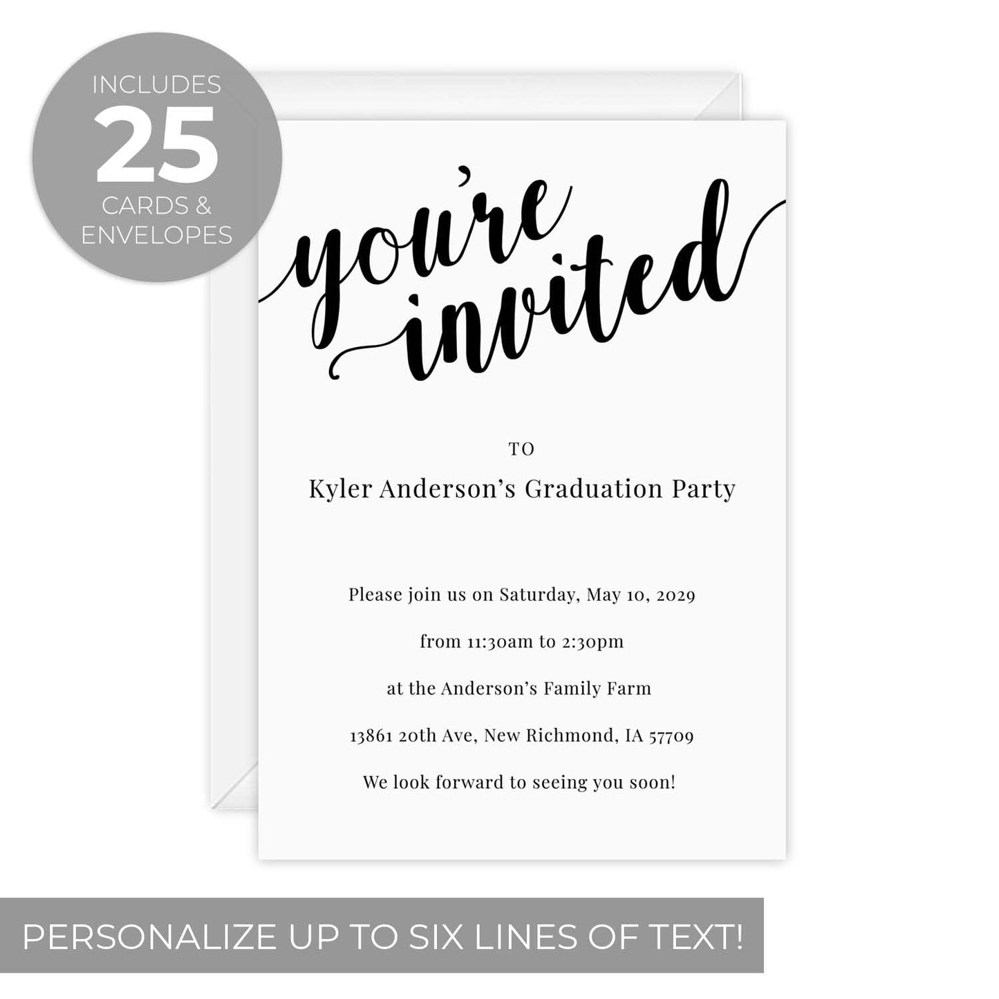 Canopy Street Personalized Black And White All Occasion Invitations / 25 Custom Invites With White Envelopes / 5" x 7" General You Are Invited Party Announcements