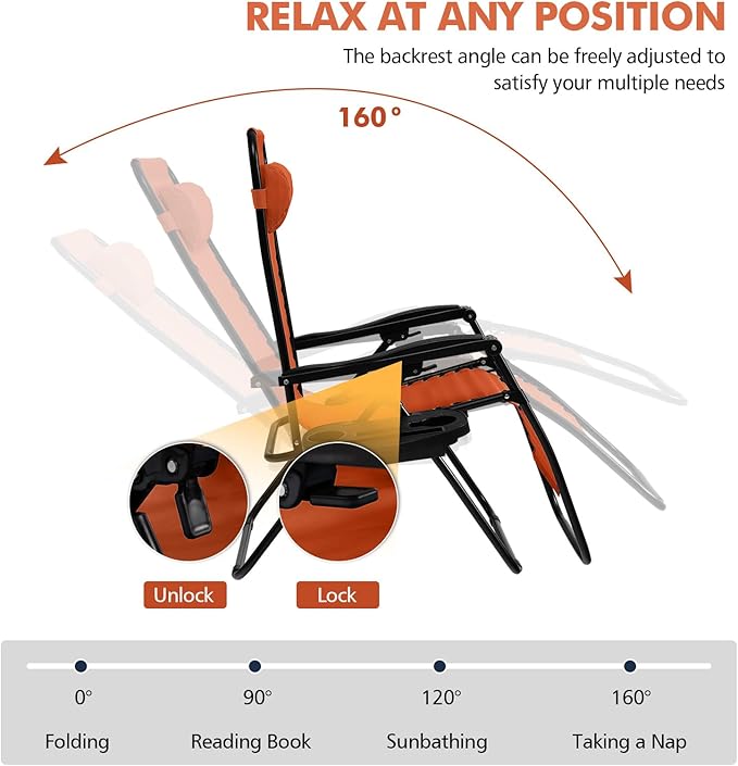 Tangkula Zero Gravity Chair, Folding Patio Lounge Chair Adjustable Outdoor Recliner with Cup Holder, Wide Armrest for Patio Garden Poolside Outdoor Yard Beach, Support 350 lbs (1, Orange)