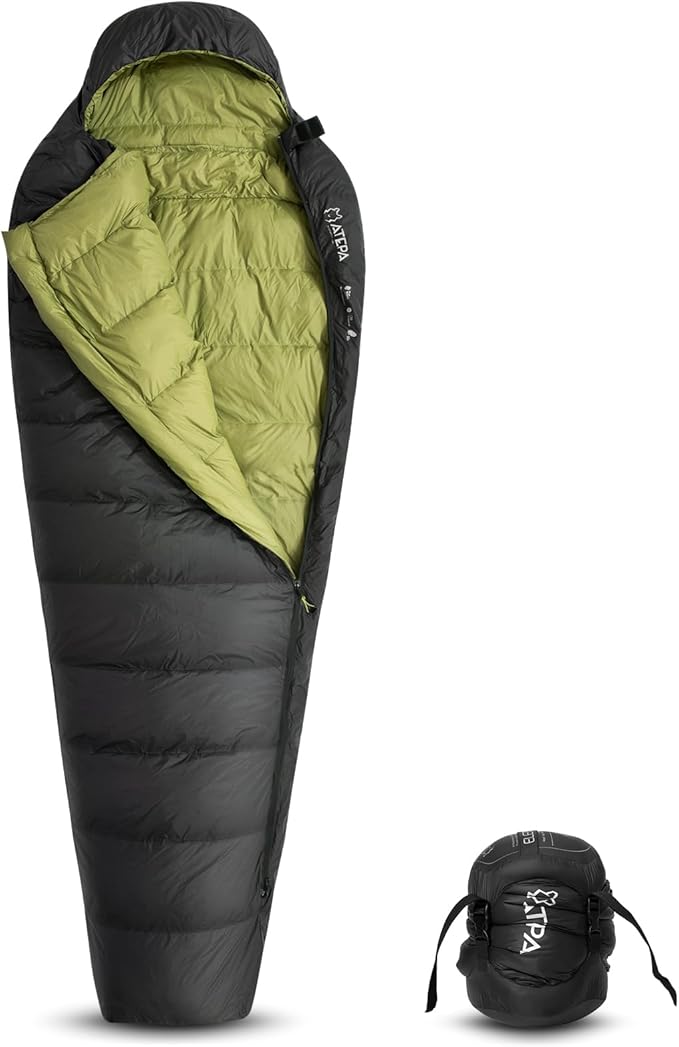 ATEPA Down Sleeping Bag for Adults, 700FP Recycled 15D Nylon Shell 35°F 45°F Mummy Cold Weather Ultralight 3 Season Compac...