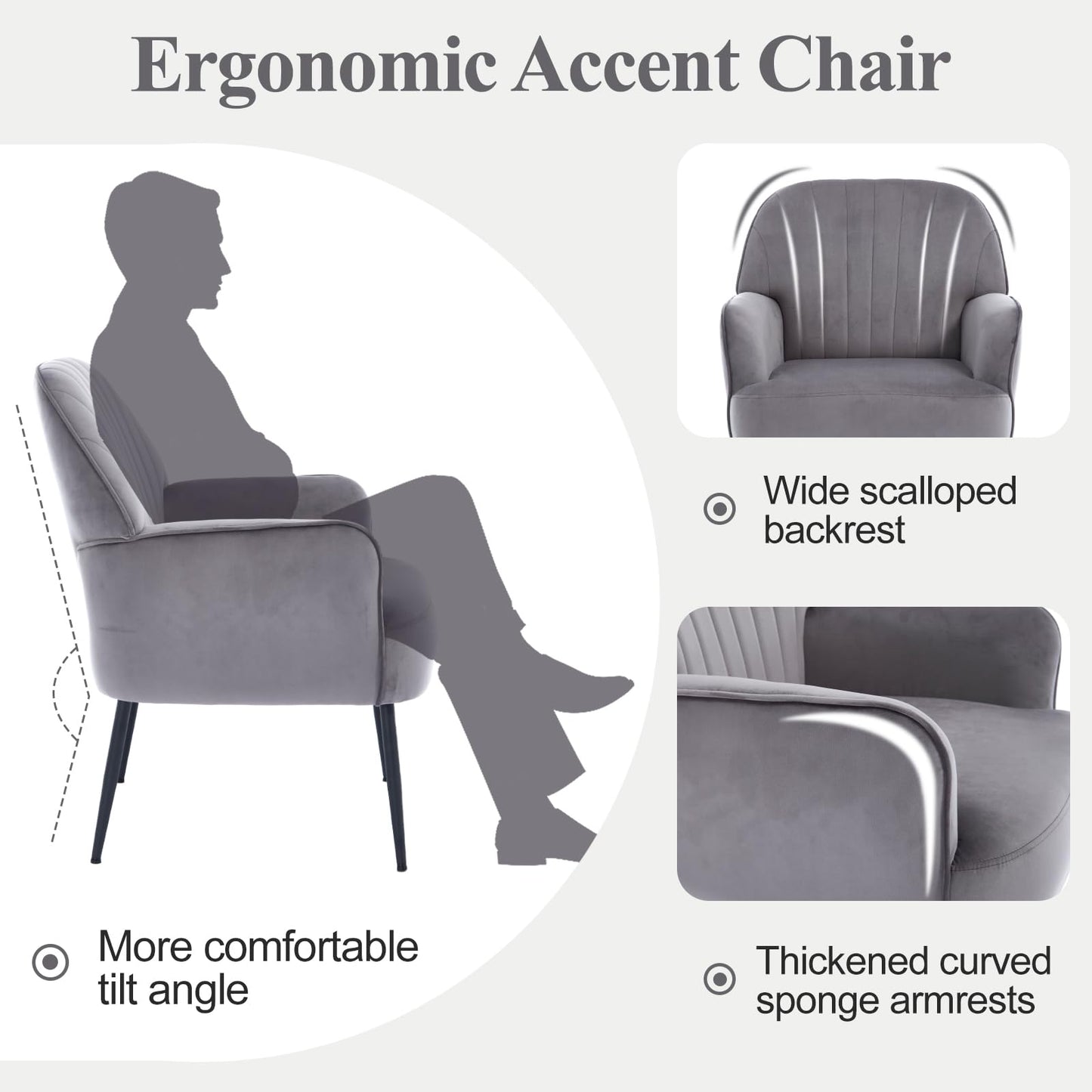 E-Motie Velvet Accent Chair, Modern Upholstered Living Room Chairs, Luxury Single Sofa Armchair, Comfy Barrel Chairs for Bedroom, Waiting Room, Office and Cafe, Grey