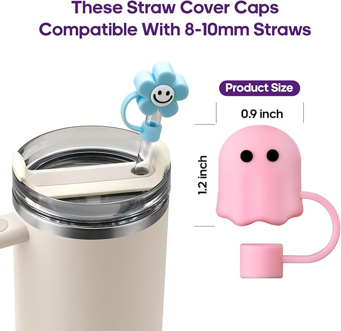 Halloween Silicone Straw Covers Cap for Stanley Cup, Cute Straw Topper for Stanley 30&40 Oz Tumbler, Reusable Dust-Proof Drinking Straw Cover, Set of 4 (Halloween Ghost)