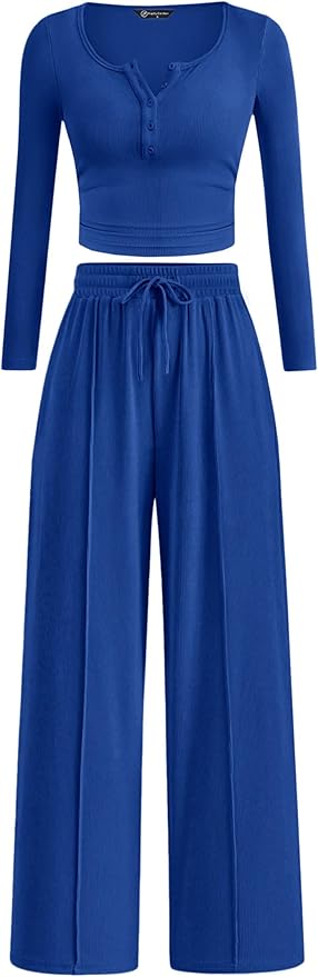PRETTYGARDEN Women's 2026 Fall Trendy 2 Piece Outfits Lounge Sets Long Sleeve Top Henley Shirts Wide Leg Pants Travel Clothes