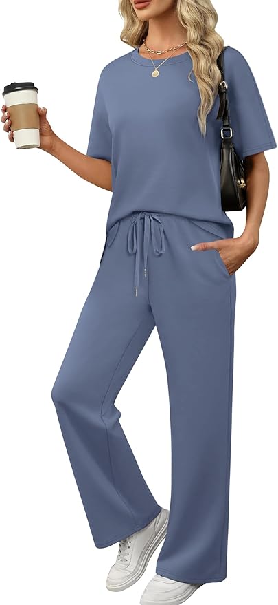 XIEERDUO Women's Side Slit Lounge Sets 2 Piece Travel Outfits Airport Tracksuit Oversized Wide Leg Loungewear S-3XL