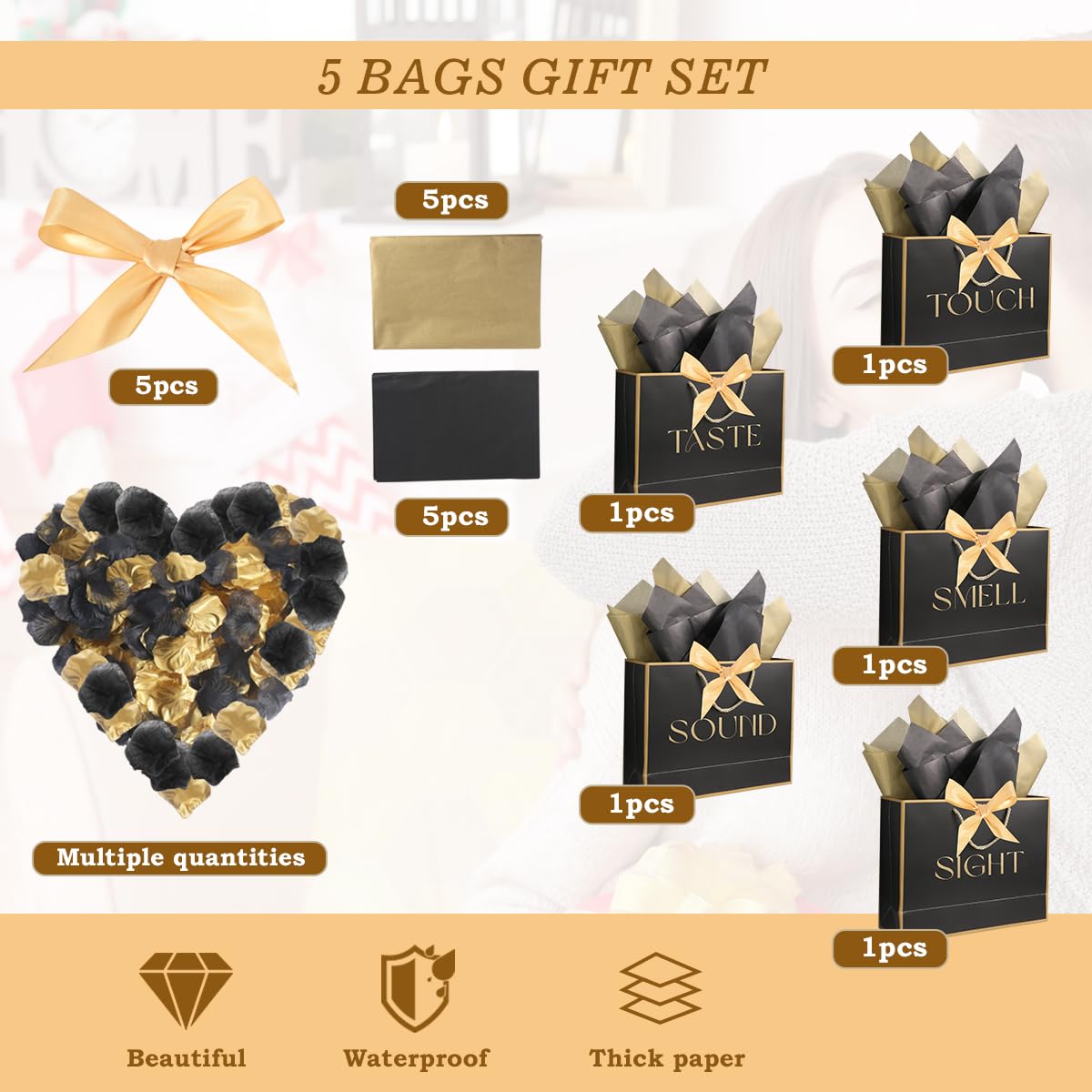 5 Senses Gift Bags for Him Her Five Senses Gift Bags with Ribbon Handles Tissue Paper Petals Black Gift Bag for Birthday Anniversary,Wedding,Valentine's Day