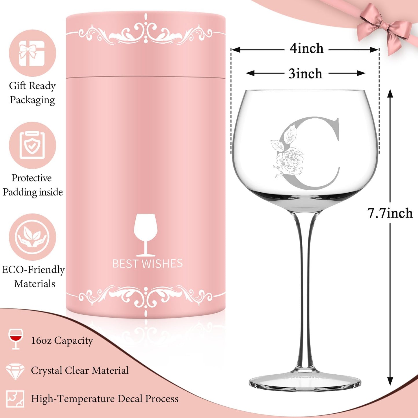 Personalized Gifts for Women, Monogrammed A-Z Wine Glass Customized Gift, Unique Christmas Birthday Gifts for Women Her Mom Friend Sister Wife Daughter Nurse (C)
