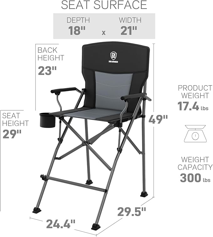 EVER ADVANCED Tall Directors Chair with Cup Holder 31", Bar Height Folding Chair for Camping, Sports with Carry Bag, Mesh Pockets and Footrest, Heavy Duty 300 lbs, Black