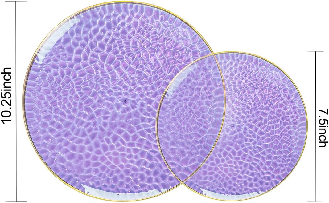 Rubtlamp 100Pcs Purple Gold Plastic Plates, Purple Disposable Plates With Gold Rim, Hammered Plastic plates Include 50 Clear Dessert Platos, 50 Dinner Platos for Party