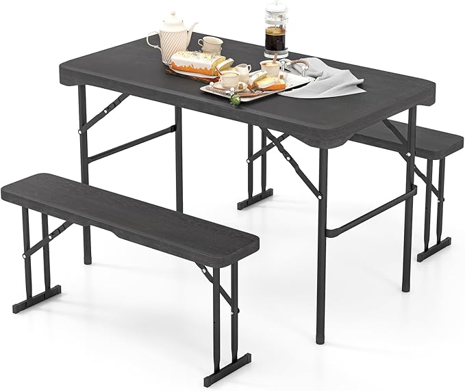Tangkula Picnic Table with 2 Benches, 3 Piece Folding Picnic Table Set with HDPE Tabletop, Sturdy Metal Frame, 4 Person Pl...