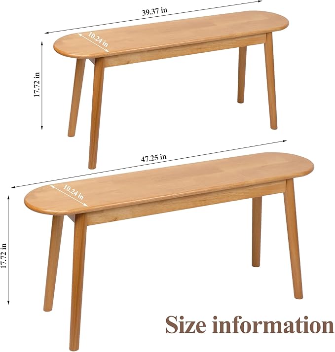 Cttasty Entryway Bench, Solid Wood Dining Bench, Midcentury End of Bed Bench w/Rounded Corner, Outdoor Bench w/Robust Construction, Bedroom Bench, 10.24" W x 17.72" H（Natural 47.2inches）