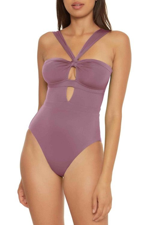 Becca by Rebecca Virtue Color Code - Women's Convertible Bandeau One Piece Swimsuit, Asymmetrical Straps, Bathing Suits for Women, Fig, Medium