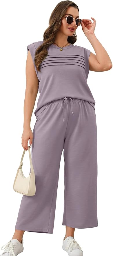 WIHOLL 2 Piece Sets for Women Summer Lounge Sets Travel Vacation Outfits Cap Sleeve Sweatsuit Side Slit Wide Leg Pants S-3XL