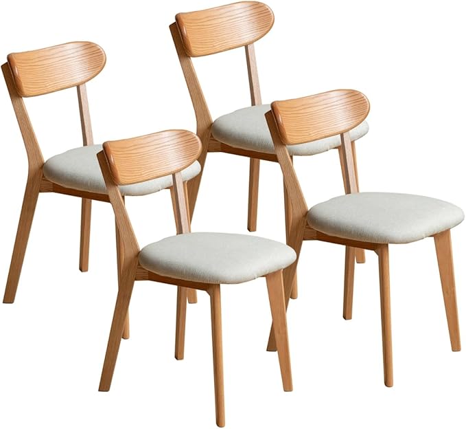 Bamskov 100% Solid Wood Dining Room Chairs - Practical Kitchen Chairs - Wood Chair for Dining Room, Kitchen (4, Natural with White Cushion)