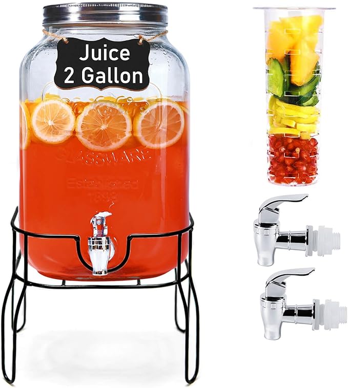 2 Gallon Glass Drink Dispensers for Parties, Sun Tea Glass Jar for Outside Beverage Dispenser with Stand+Lid 2 Press-Spigo...