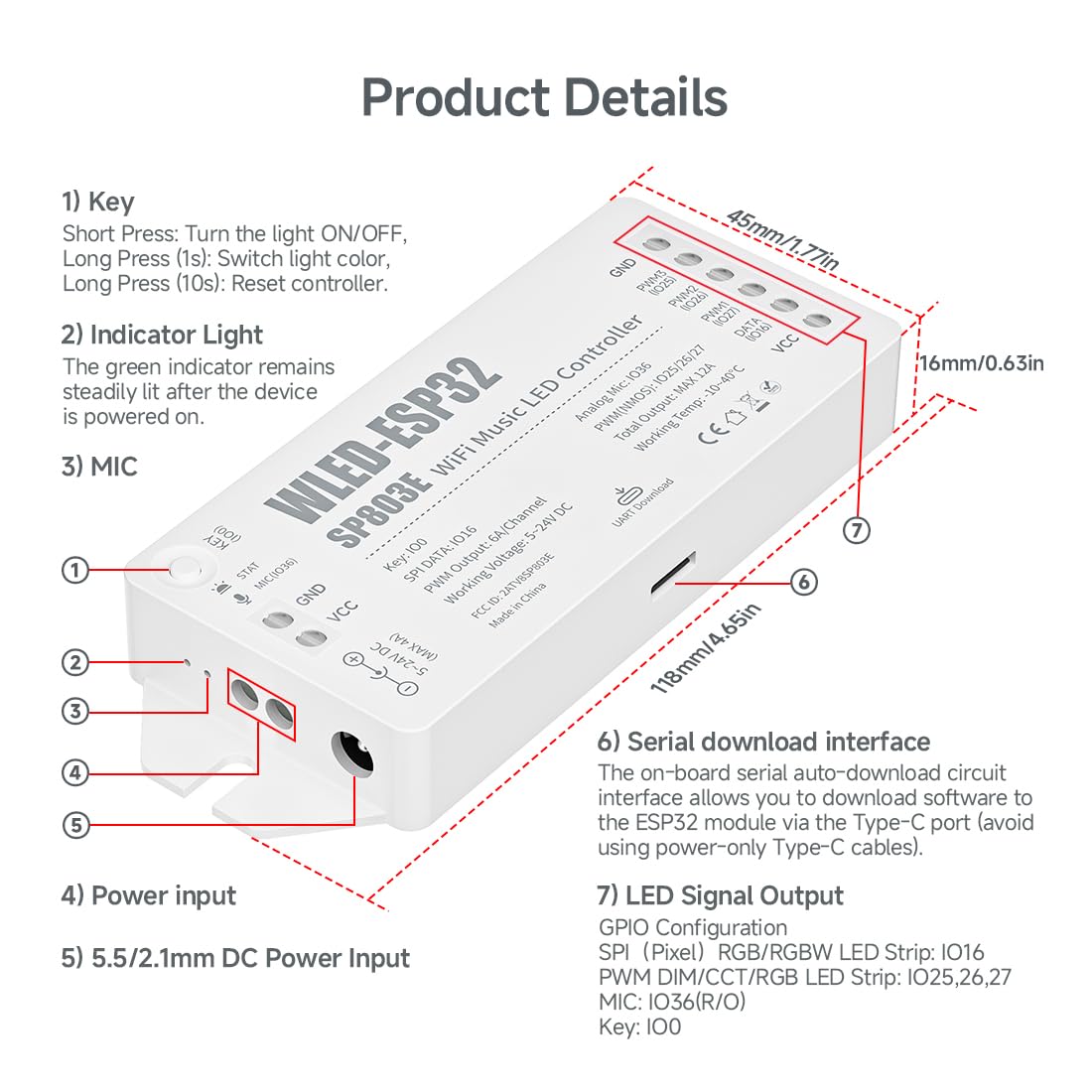 BTF-LIGHTING ESP32 WLED LED Strip Controller SP803E Built-in Mic DIY Dynamic Modes UART USB Type-C Download for WS2811,WS2812,SK6812,WS2814,WS2815 Addressable LED Strip/Matrix,PWM Dimming CCT RGB LED