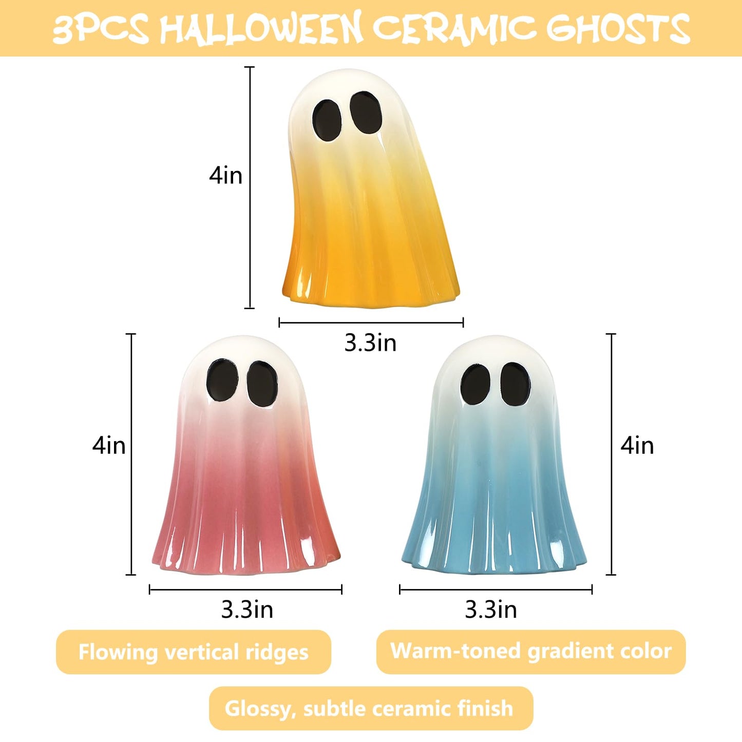 DAZONGE Halloween Ghost Decorations Indoor, Set of 3 Ceramic Spooky Figurines for Indoor Tabletop, Shelf, and Mantel Display