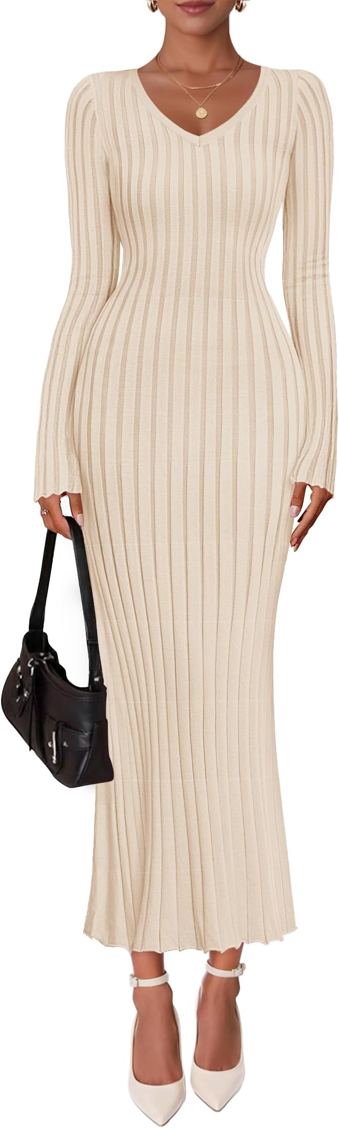 ZESICA Women's 2026 Spring Sweater Dress Long Sleeve V Neck Ribbed Knit Party Cocktail Bodycon Maxi Dresses