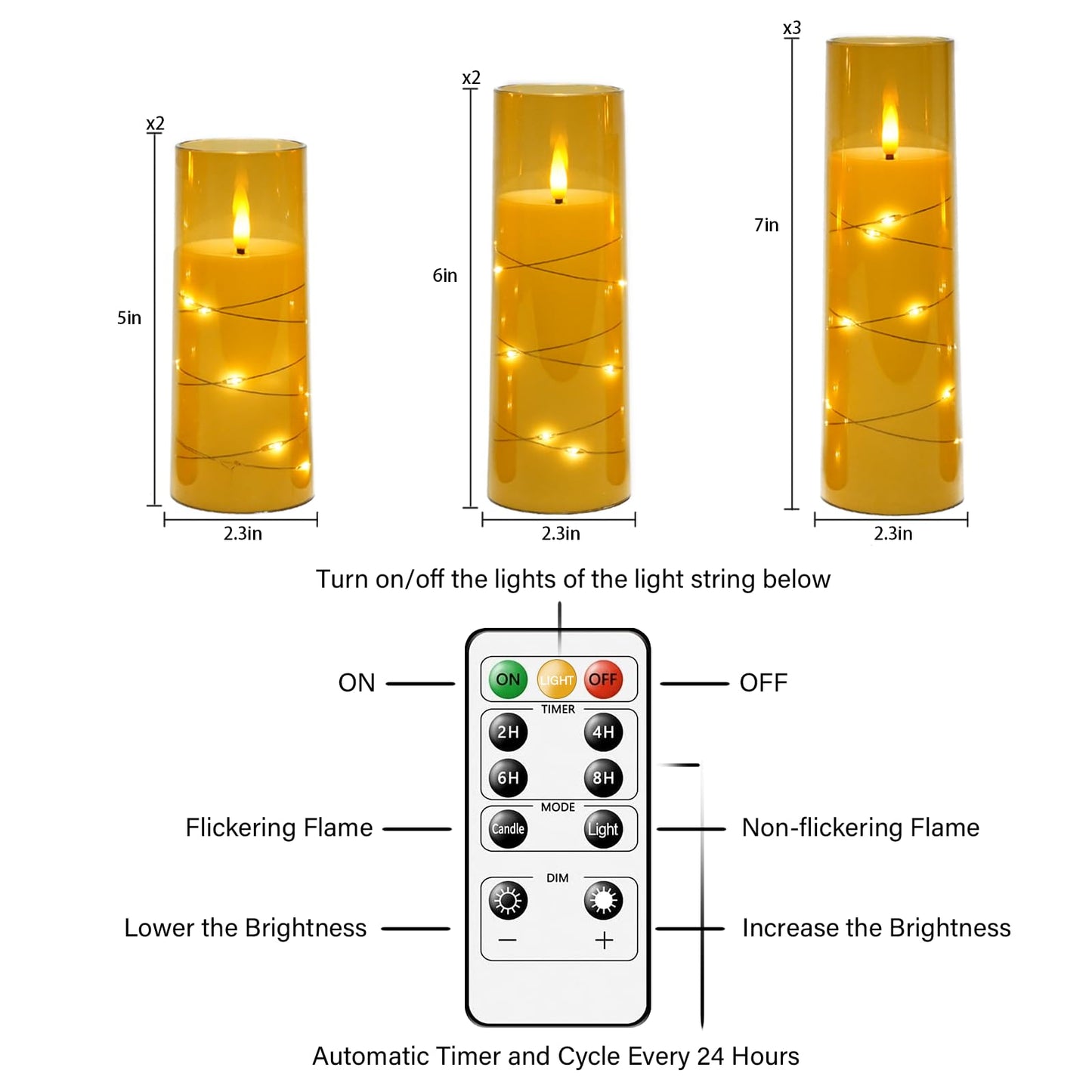 Eebuss Flameless Candles with Embedded Star String, Battery Operated LED Pillar Candles with Timer and Remote Control,Home Decorating for Ambiance， Set of 7 (Gold)