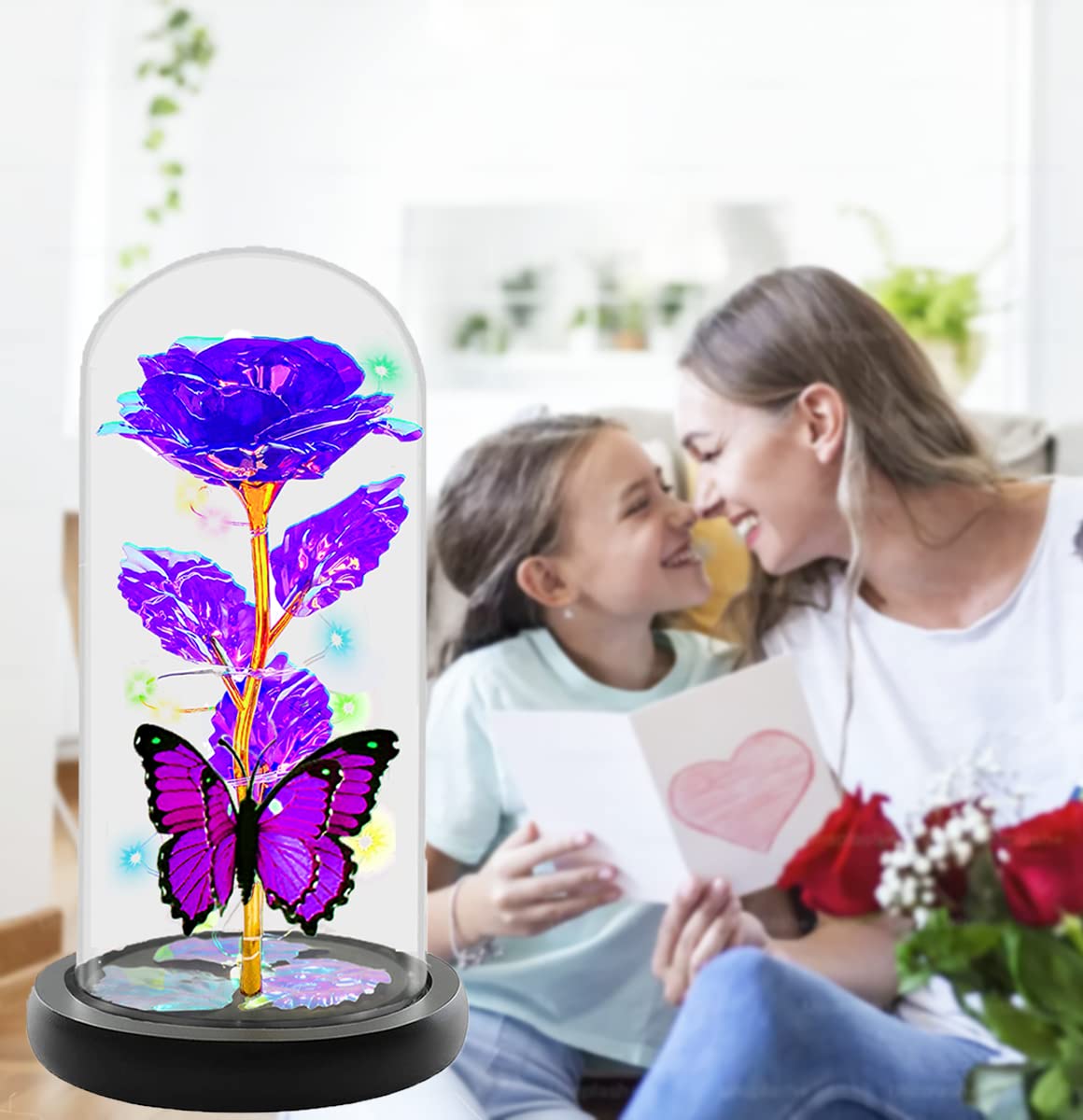 Birthday Gifts for Women, Flowers Gifts for Women Mom Her, Galaxy Crystal Light Up Rose Flower in A Glass Dome, Christmas Rose Presents Wife Grandma Sister Butterfly Purple