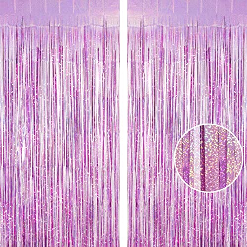 Light Purple Fringe Curtain Backdrop, 2 Pack Tinsel Foil Fringe Curtains Party Decorations Streamers, Xmas Light Purple Me...