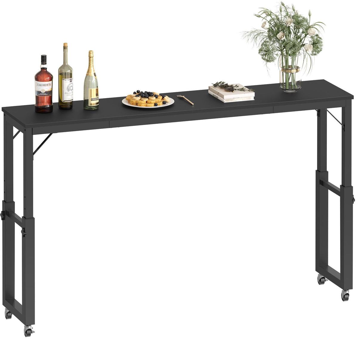 MAHANCRIS Overbed Table with Wheels, Queen Size Mobile Bed Desk with Adjustable Height, Rolling Table, Dining Table, Computer Desk, for Bedroom, Living Room, Office, Black MTBK18001