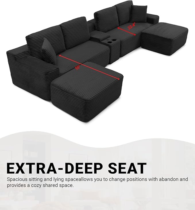 150" Oversized Modular Sectional Sofa,Deep Seat Cloud Corduroy Boneless Couch with Cup Holders,USB Ports, Wireless Charging & Storage Box,Upholstered Modular Sleeper Sofa for Living Room (Black)