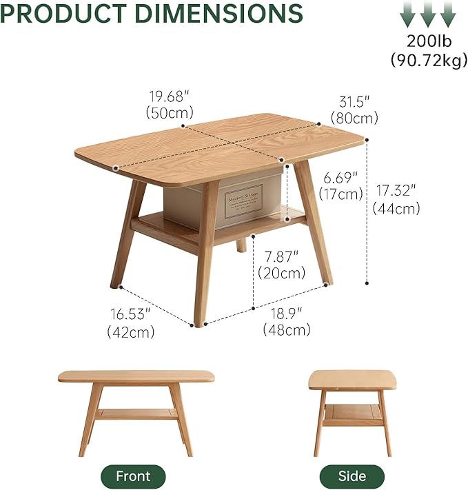 Wayshome 100% Solid Oak Wood Coffee Table for Living Room, Small Table with Shelf Storage, Mid Century Modern Coffee Tables with Rounded Corners for Home (Natural, 31.49" x 19.68" x 17.32")
