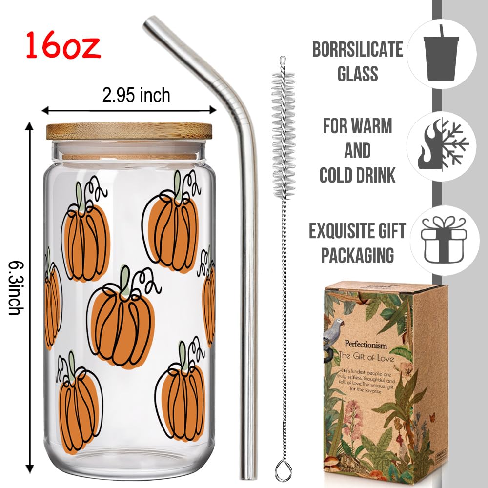 Fall Pumpkin Cup 16oz Glass Cups with Lids and Straws Halloween Iced Coffee Tumbler Gift for Friend and Her, Thanksgiving Tumbler Mug, Fall Gifts, Halloween Pumpkin Gifts for Women Best Friend Bestie