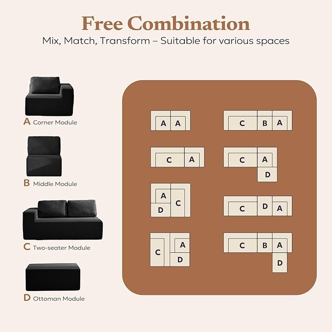 Furnify 106" 3-Seater Sofa, Cloud Modular Sofa with Certified Foam, Upholstered Floor Sofa with Deep Seat, Upholstered Sofa for Bedroom Living Room, No Assembly Required (Black, Teddy Boucle)