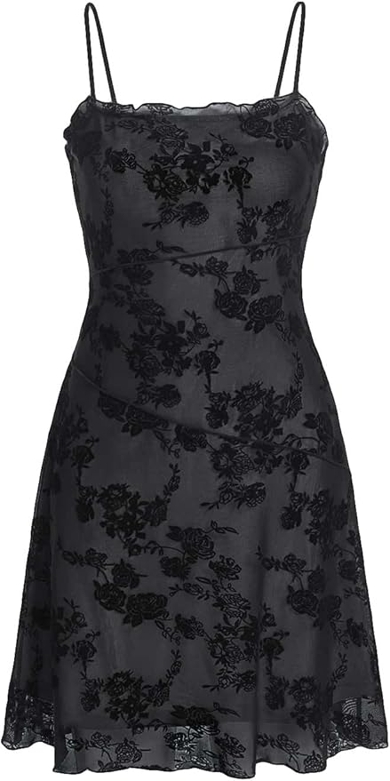 Verdusa Women's Mini Dress Floral Spaghetti Strap Mesh Dresses Going Out Festival Concert Outfits Grunge Gothic Clothes