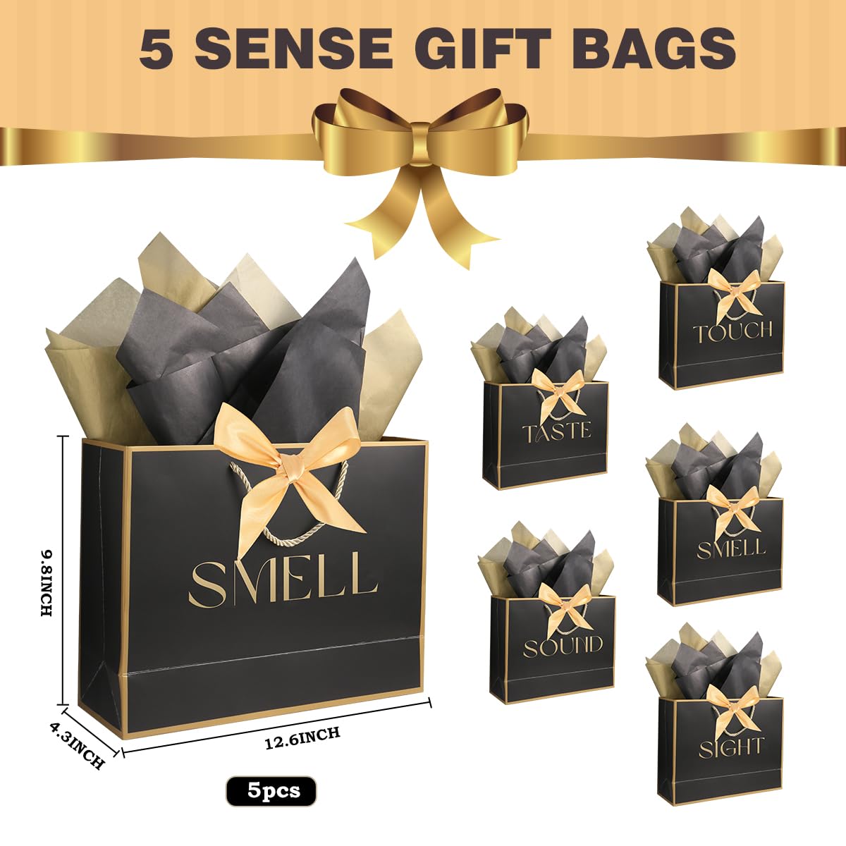 5 Senses Gift Bags for Him Her Five Senses Gift Bags with Ribbon Handles Tissue Paper Petals Black Gift Bag for Birthday Anniversary,Wedding,Valentine's Day