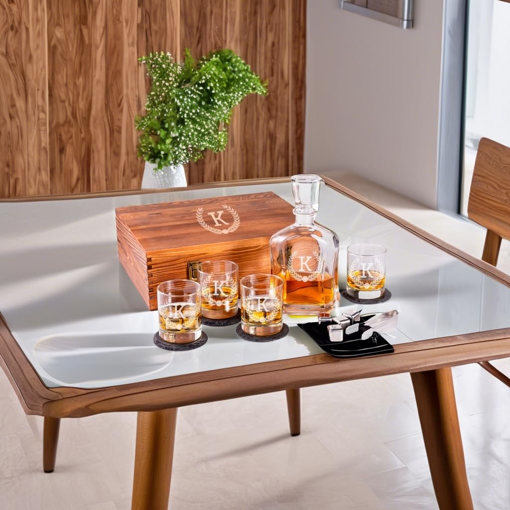 Engraved Liquor Whiskey Decanter Set with Scotch Glasses for Men - 9 Design Options - Personalized Gift Set for Him, Dad - Premium Set Includes Whiskey Stones - Christmas, Valentines - by Froolu
