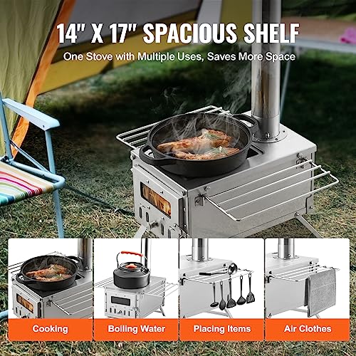 VEVOR Camping Wood Stove Stainless Steel Camping Tent Stove, Portable Wood Burning Stove with Chimney Pipes & Gloves, 700i...