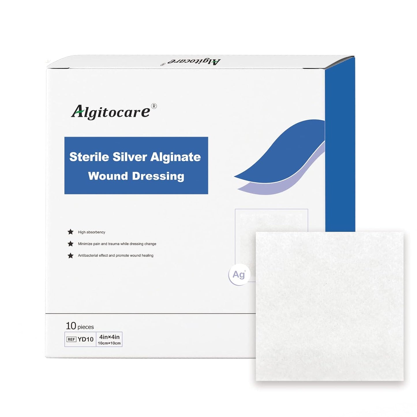 Ag Silver Calcium Alginate Wound Dressing - 4"x4"(Pack of 10), Non-Stick Sterile Gauze Pads for Accelerating Wound Healing, High Absorbency and Soft for Wound Care Supplies