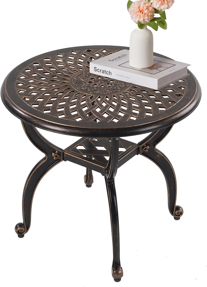WILOUNGE Cast Aluminum Outdoor Side Table,Small Patio Table,Outdoor Coffee Tables for Patio,Garden,Balcony, for All Weather (Copper, Round)
