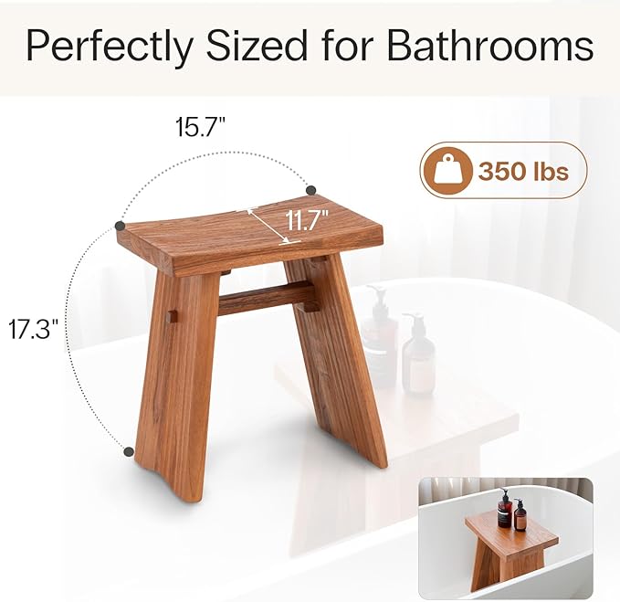 StrongTek Teak Shower Stool, 18-Inch Pre-Oiled Solid Teak Wood Bath Seat Bench for Bathroom, Spa & Home, Ergonomic Curved Seat, Water-Resistant, 350 lbs Capacity, Stable and Durable Design (Natural)