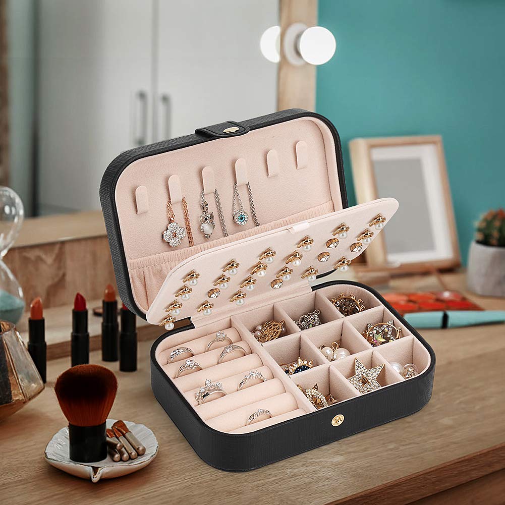 FEISCON Small Jewelry Box Necklace Ring Storage Organizer Mini Jewelry case Double Layer Travel Jewelry Organizer for Women Girl
