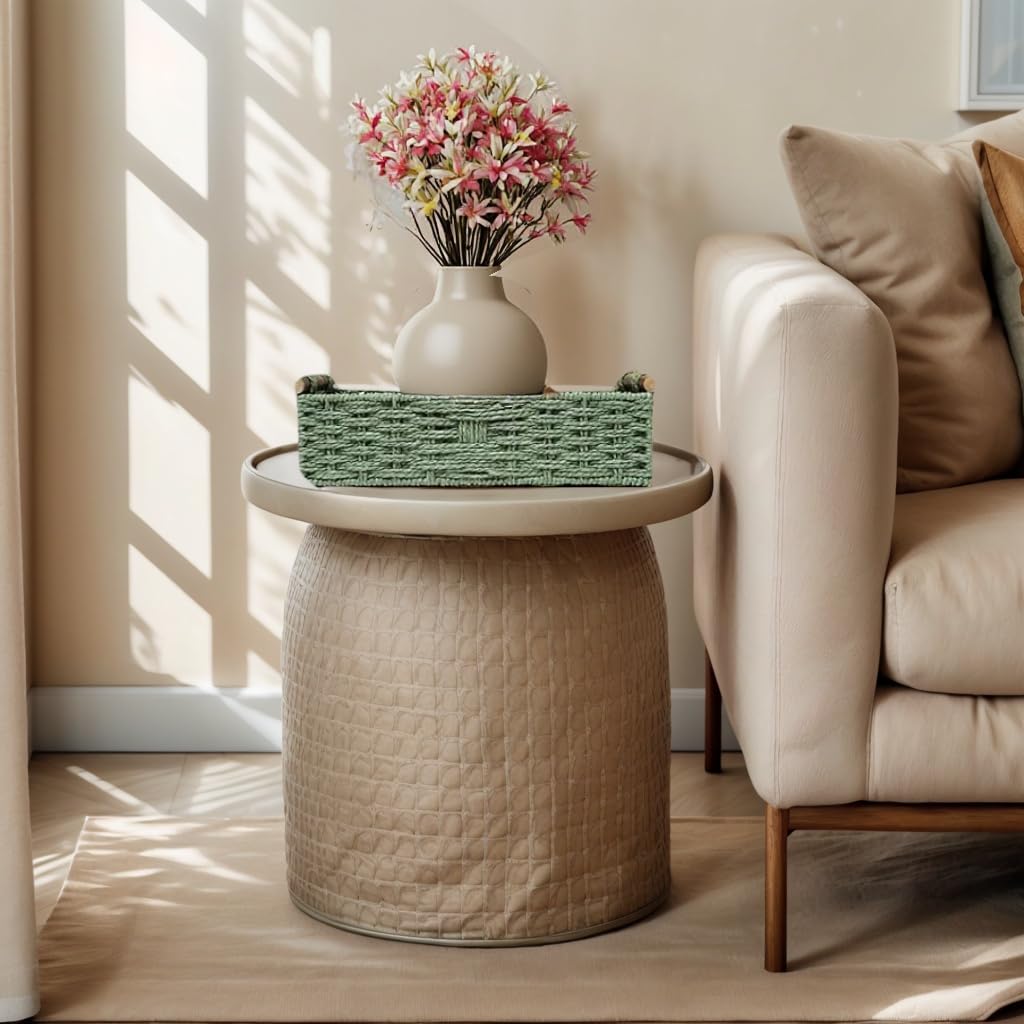Rattanzenith Green Paper Rope Storage Basket with Wooden Handle – Handwoven Wicker Organizer Bin for Bathroom Toilet Tank Countertop Small Decorative Storage for Toilet Paper Cosmetics