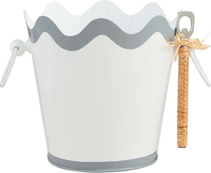 Mud Pie Scalloped Ice Bucket Set; bucket 7 1/2" x 7 1/2" dia | opener 6 1/2"