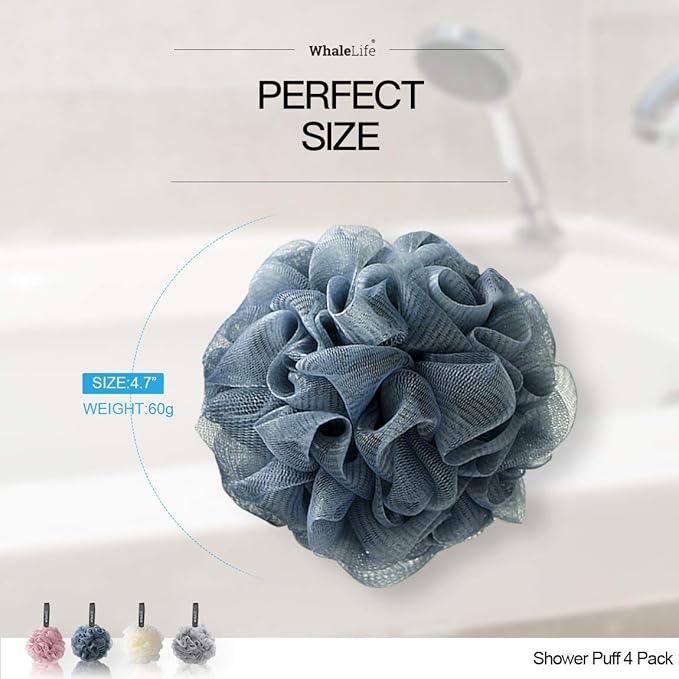 Loofah Sponge Bath Sponge for Women Men 4 Pack (Pink Blue Yellow Gray)