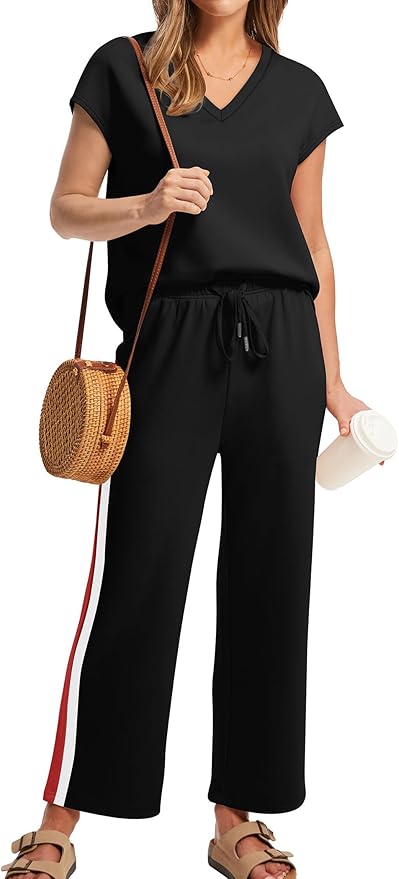 Saloogoe Two Piece Sets for Women Summer Outfits Lounge Sets V Neck Tops Wide Leg Pants Woman Vacation Travel Outfits